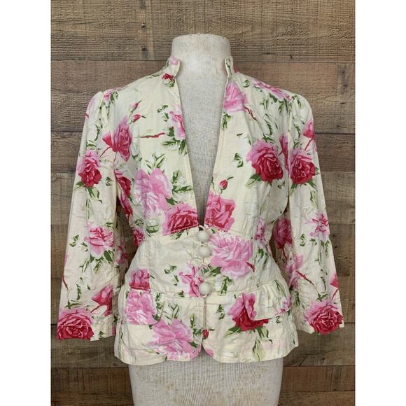 Vintage Y2K Banana Republic Rose Print Fitted Jacket Sz 8 Linen Cotton Coquette - Picture 1 of 13